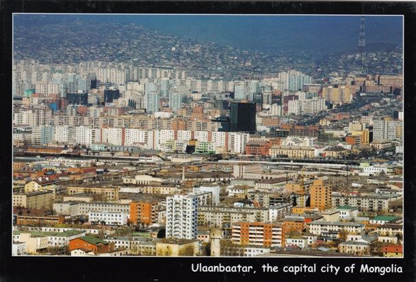 A set of 12 postcards from Ulaanbaatar, capital city of Mongolia displayed at random angles.